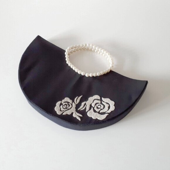 EUC Shiraleah black crescent shaped handbag w faux pearl handles and embroidery - Picture 2 of 8